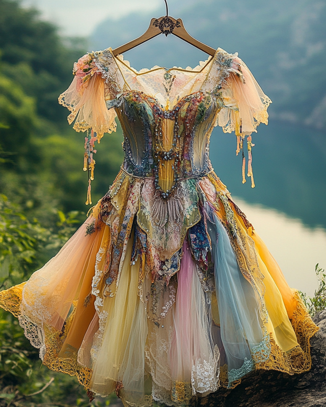 Summer Irregular Lace Patchwork BeadedRuffle Dress 24f4