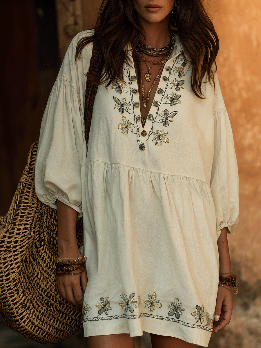 Chic Ivory Botanical Stitch Lightweight Flowy Casual Summer Mini Dress