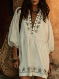 Chic Ivory Botanical Stitch Lightweight Flowy Casual Summer Mini Dress