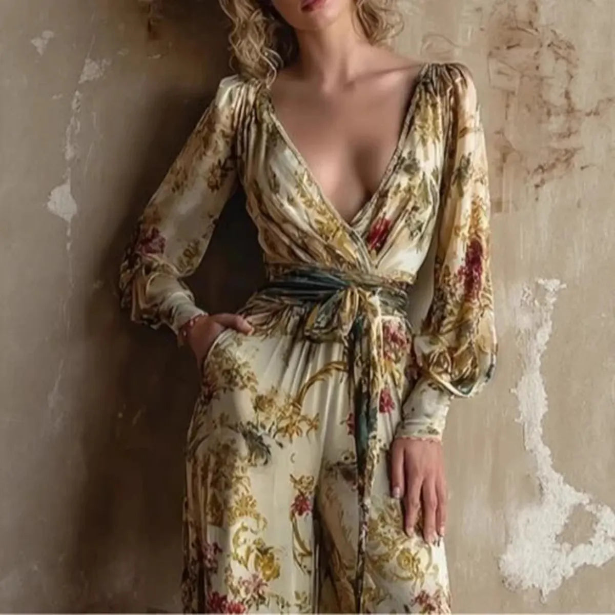 Vintage Floral Print Deep V-Neck Jumpsuit - Elegant High-Waist Wide Leg Long Sleeve Romper