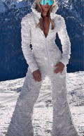 White Beaded Hooded Zip-Up Flared Jumpsuit with Crystal Embellishments