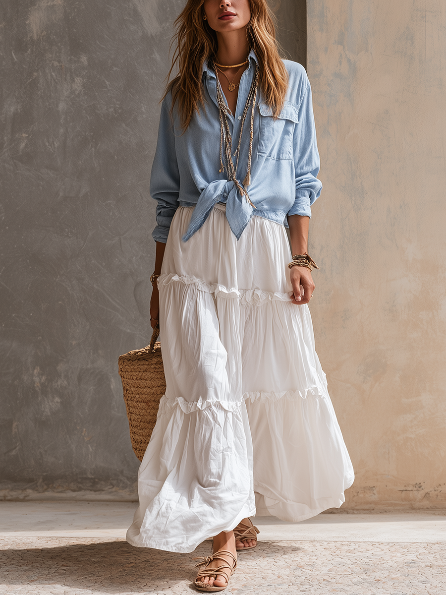 Coastal Style Sky Blue Shirt And White Skirt Suit