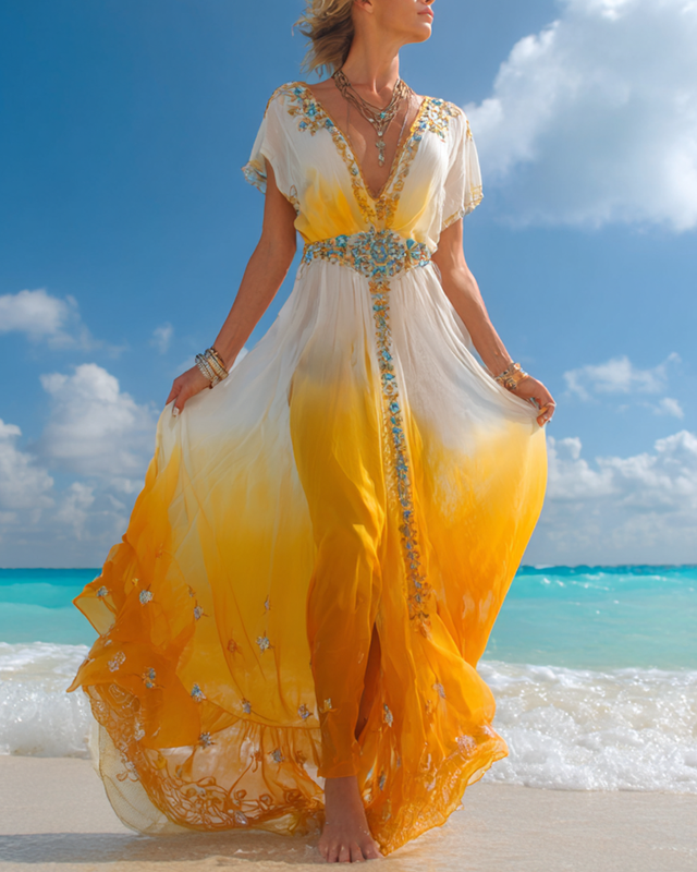 Summer Vacation Ombre Lace Turquoise Beaded Dress ffac