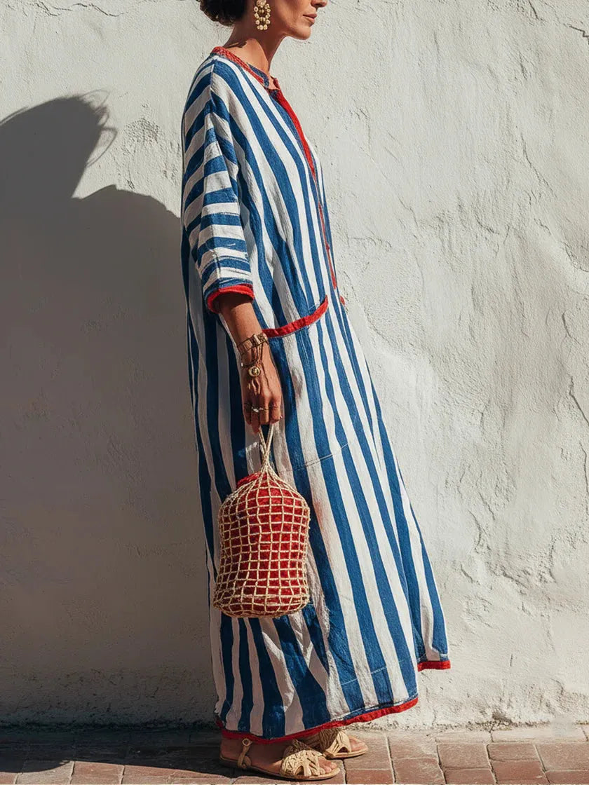 Casual Red-trimmed Striped Linen And Cotton Dress