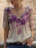Vintage Purple Flowers Embroidered V Neck Cozy Linen Shirt
