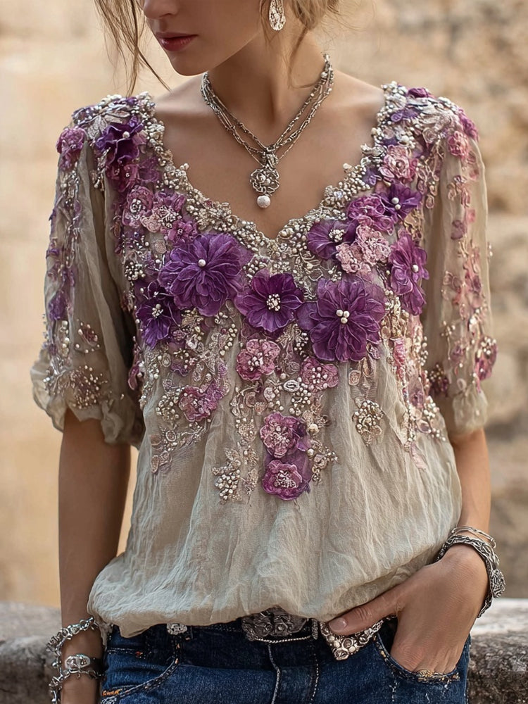 Vintage Purple Flowers Embroidered V Neck Cozy Linen Shirt