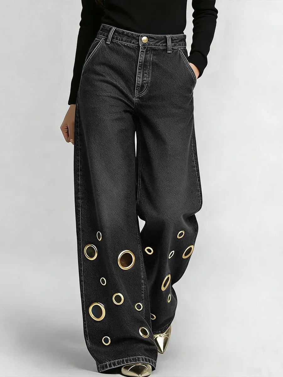 Women's Trendy High-Waist Wide-Leg Jeans - Retro Grommet Eyelet Streetwear Denim Pants