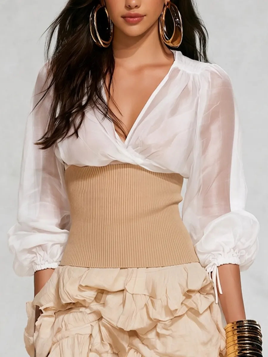 Elegant Chiffon Wrap With Ribbed Waist Corset Top