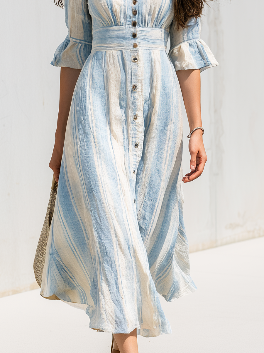 Relaxed Blue Striped Button-Front Midi Dress