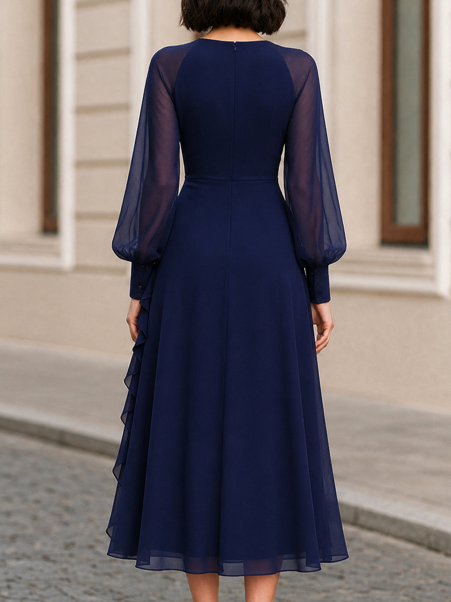 V-Neck Sheer Puff Long Sleeve Ruffle Slit Navy Chiffon Midi Dress