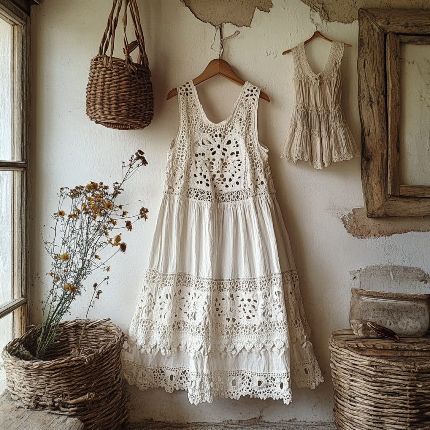 Vintage Lace Linen Blend Midi Dress