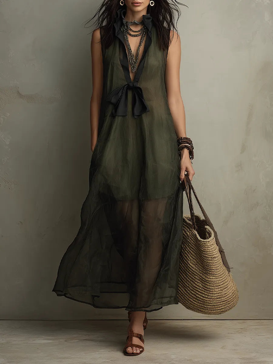 Stylish Deep Olive Green Lightweight Organza Layered Bohemian Maxi Skirt
