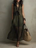 Stylish Deep Olive Green Lightweight Organza Layered Bohemian Maxi Skirt