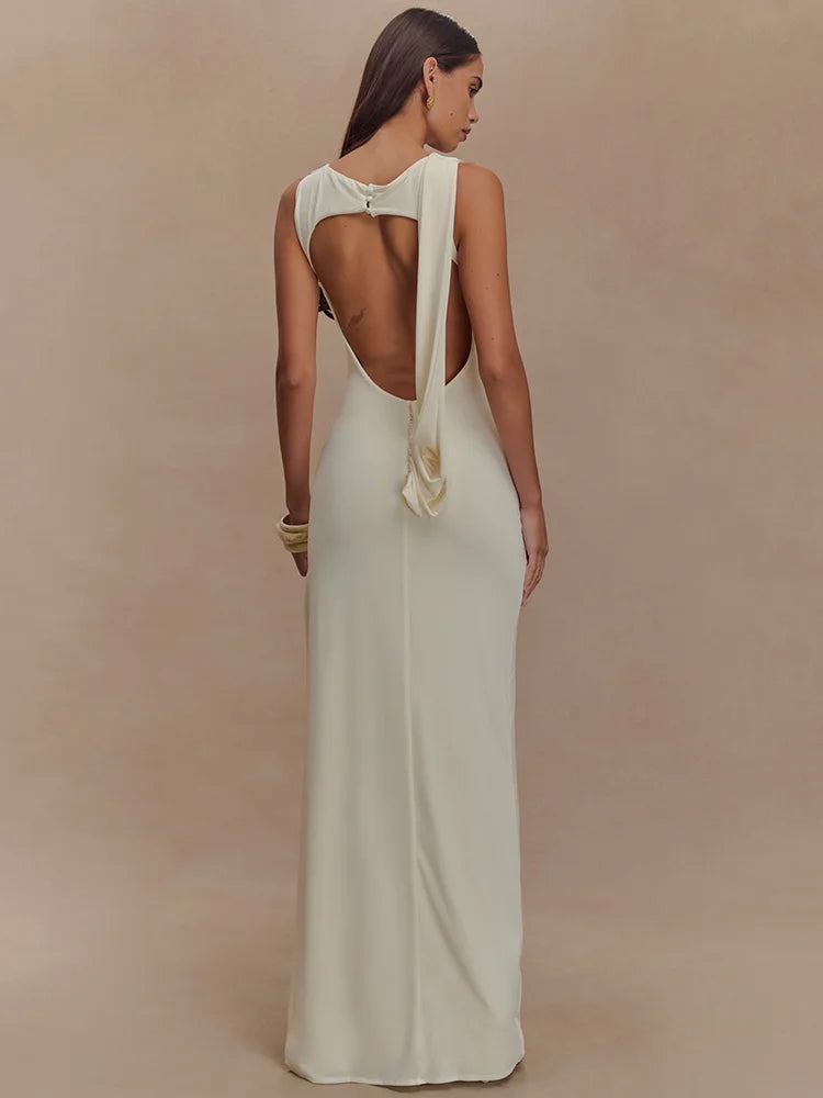 Delara Ivory Ruched Maxi Dress – Elegant Sleeveless High Slit Evening Gown for Summer Events-  Ivory, Black, Blue