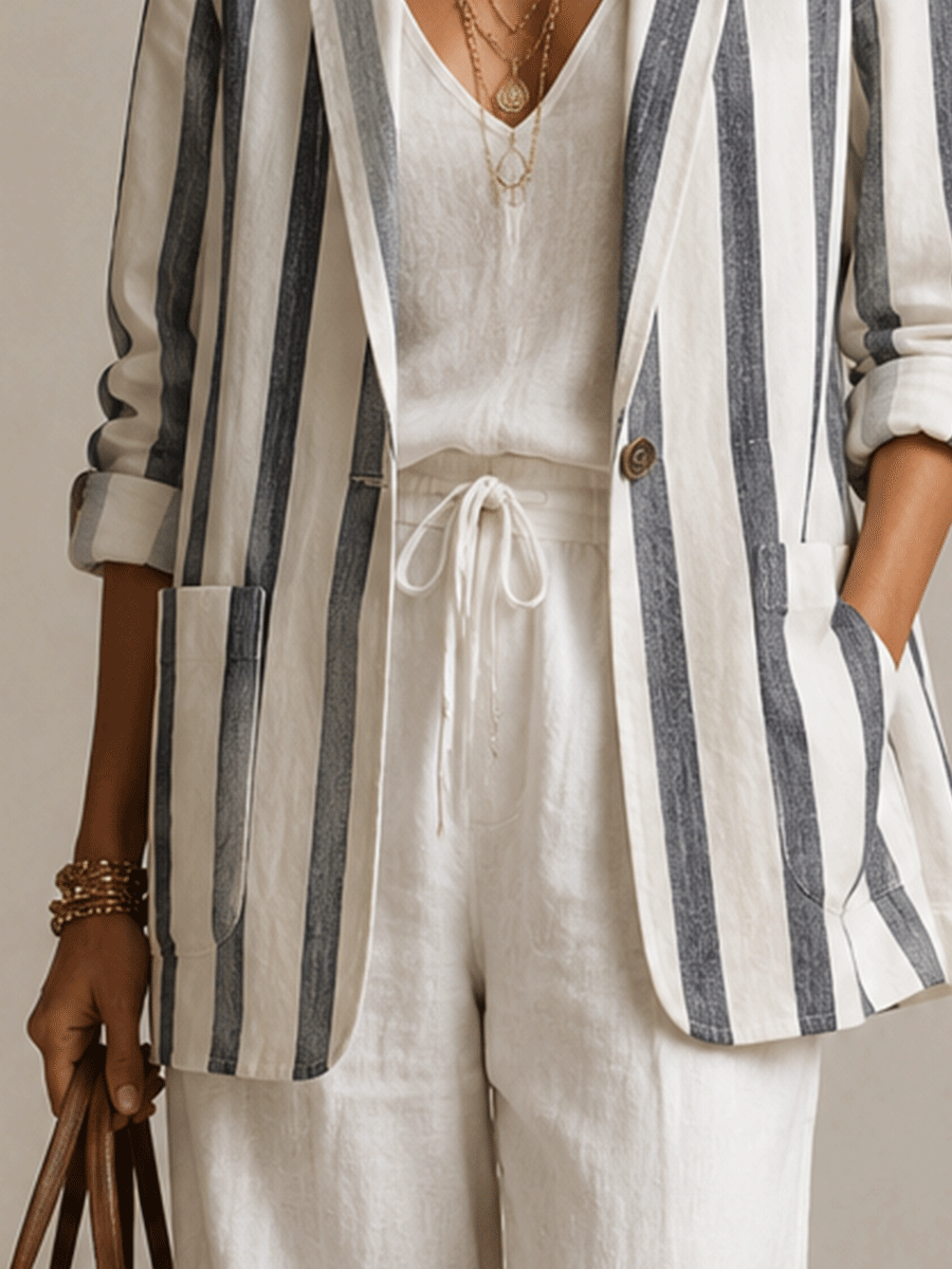 Effortless Linen Blend Oversized Ivory Pinstripe Suit Blazer