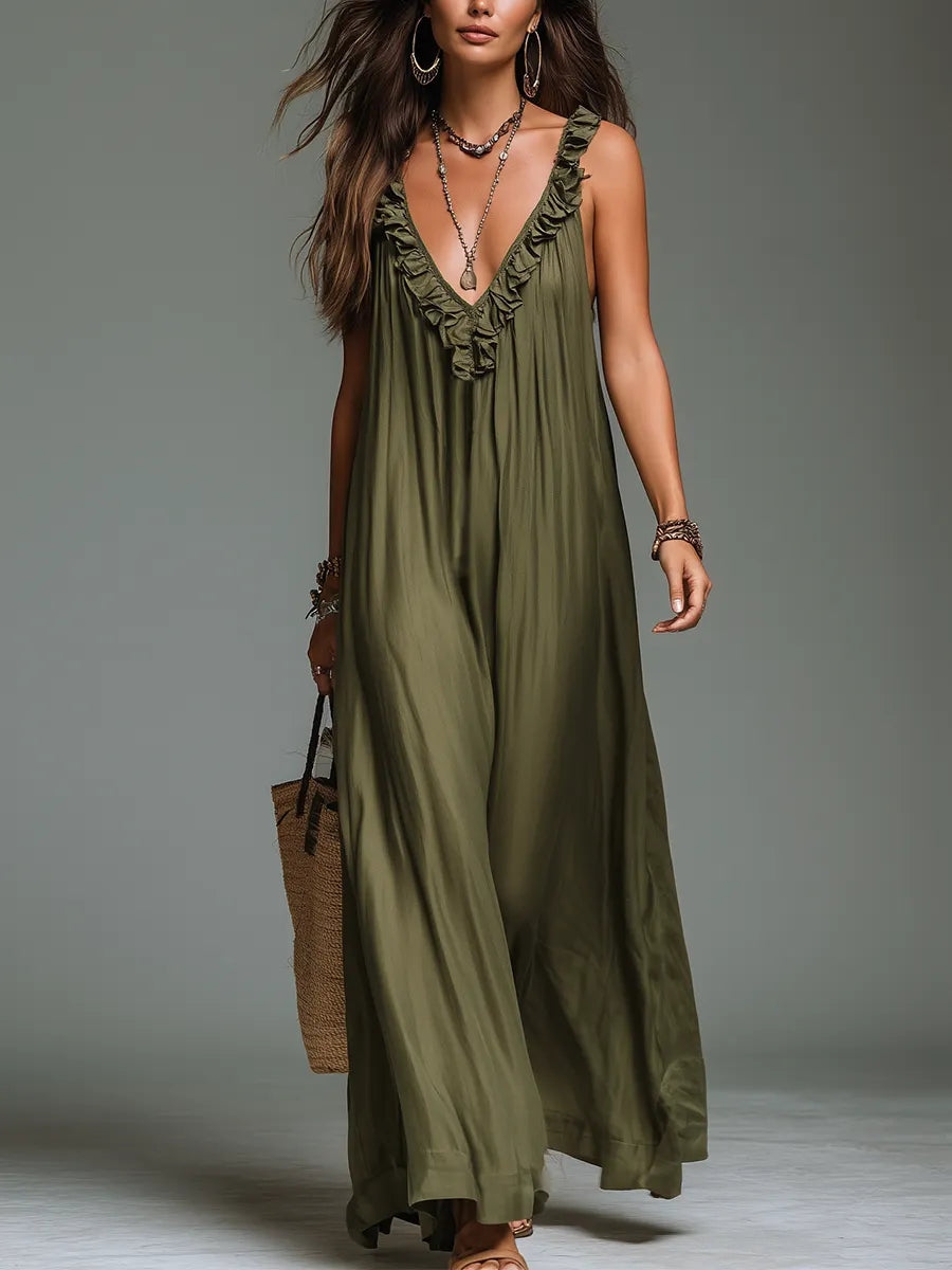 Effortless Olive Green Ruffle Trim Sleeveless Maxi Dress
