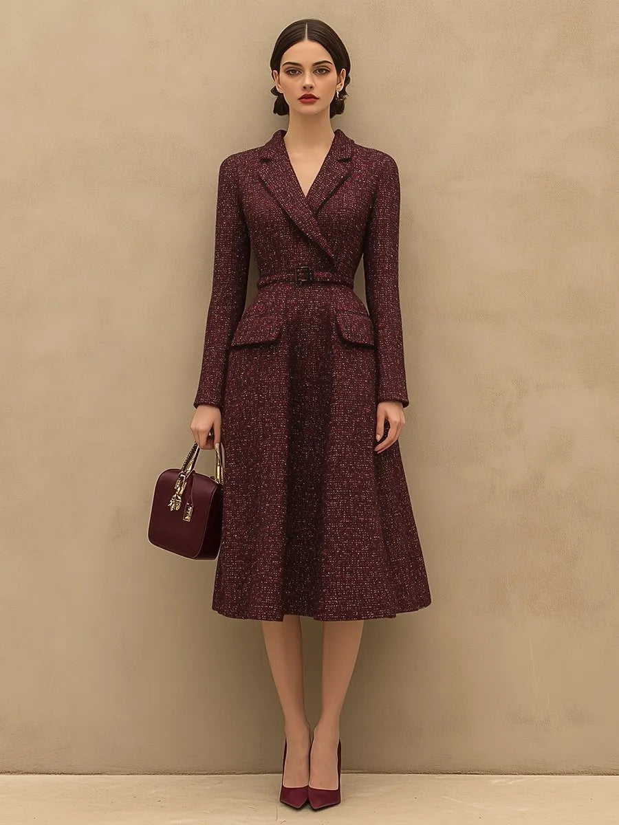 [24-hour shipping out]Vintage Elegant Ankola Red Tweed Lapel Dress