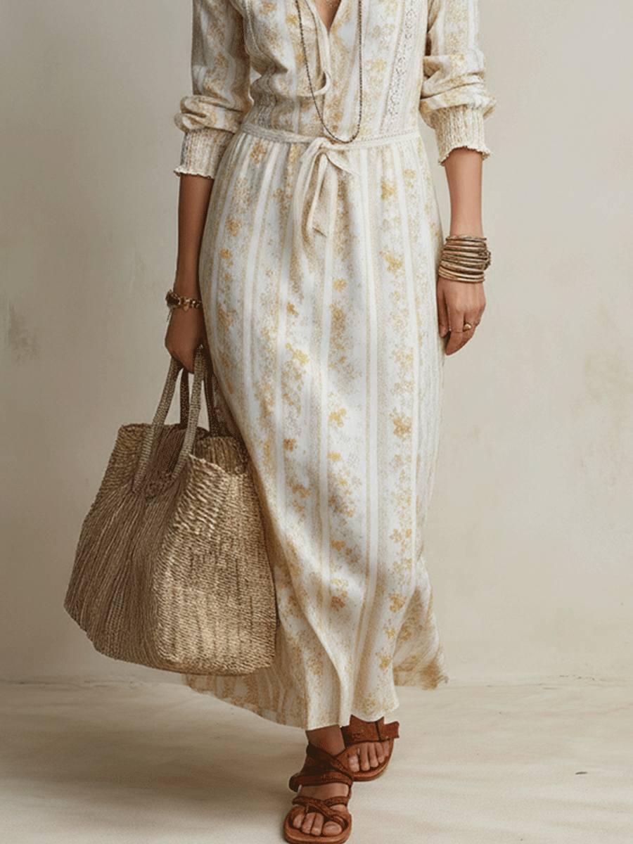 Elegant Vacation Cream Floral Long Sleeve Boho Maxi Dress
