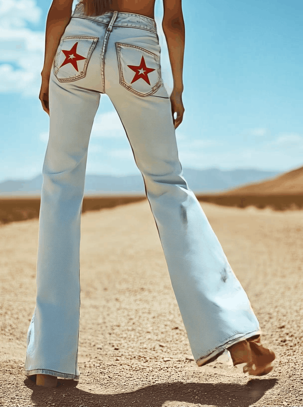 [24-hour shipping out]Vintage Back Pocket Star Embroidery Denim Flared Pants