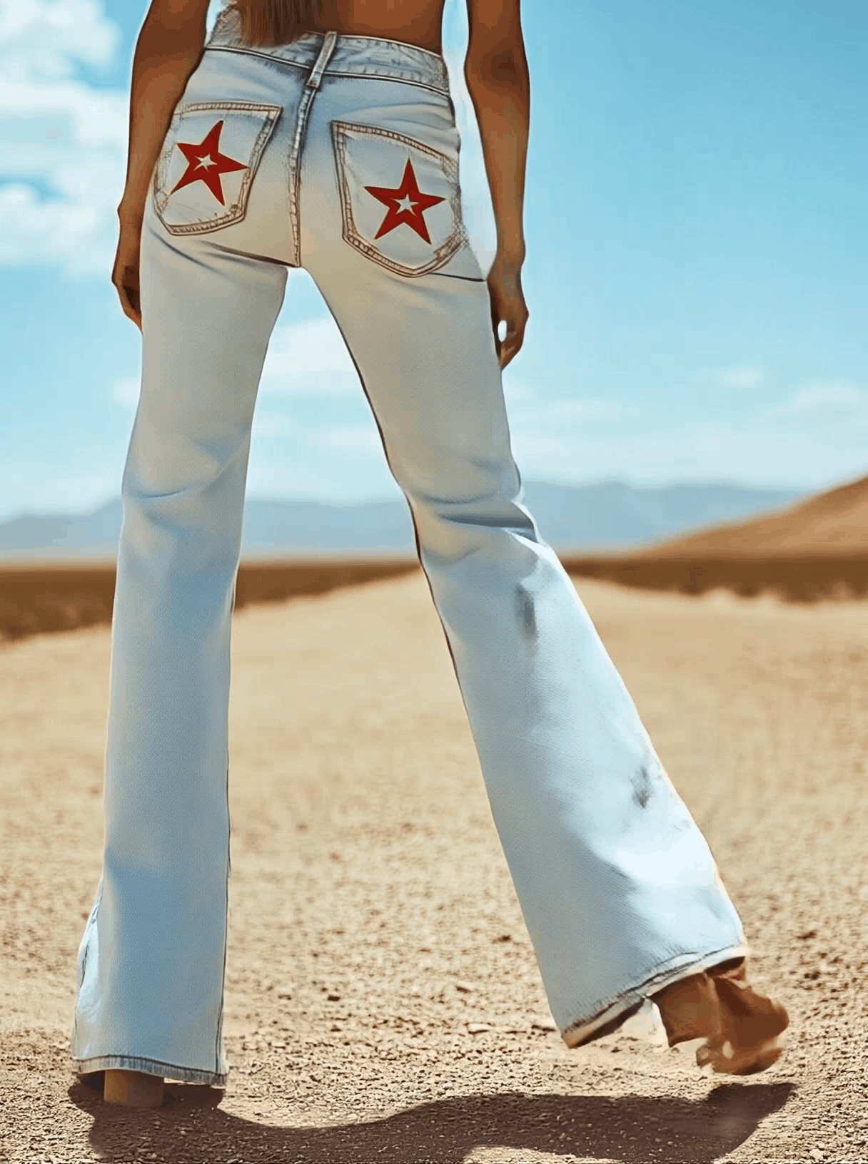 [24-hour shipping out]Vintage Back Pocket Star Embroidery Denim Flared Pants