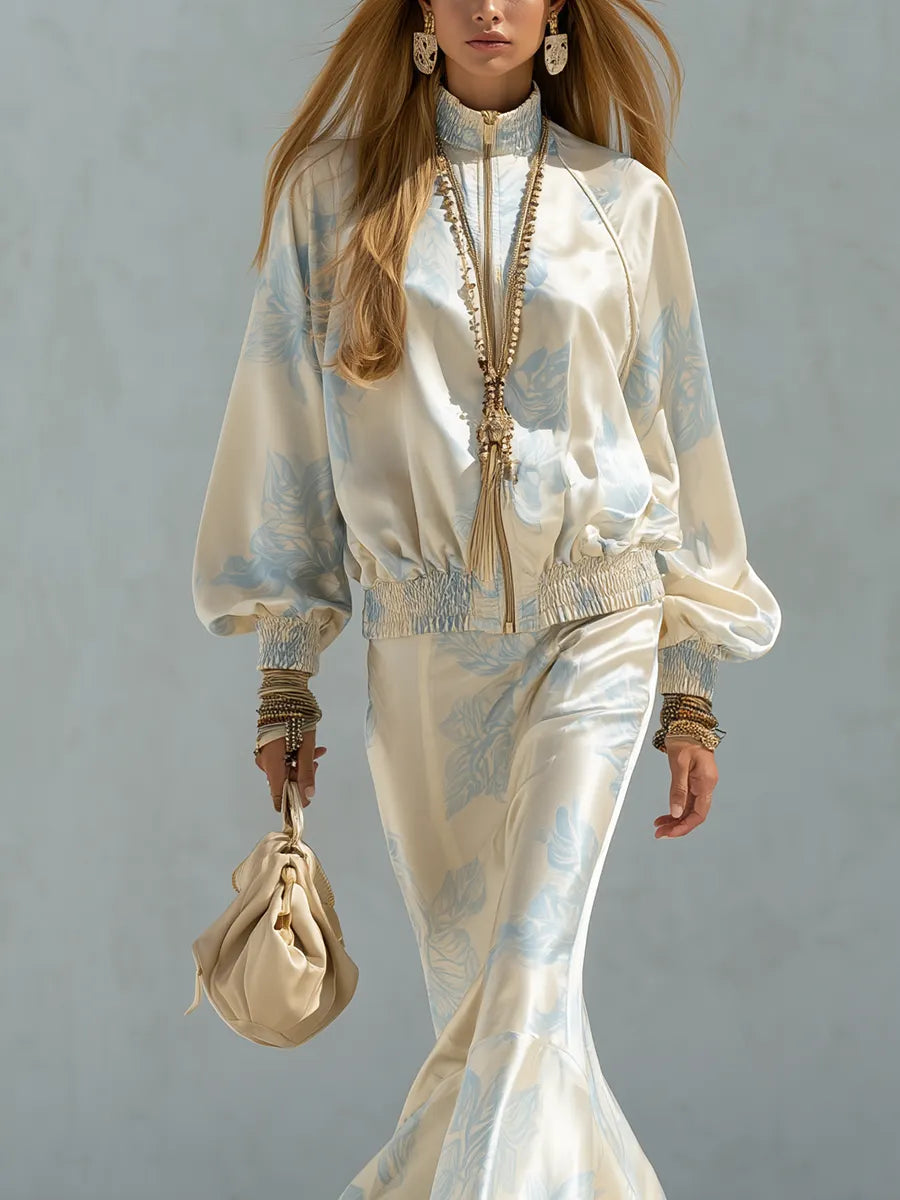 French-style Elegant Cream White And Blue Printed Satin Suit