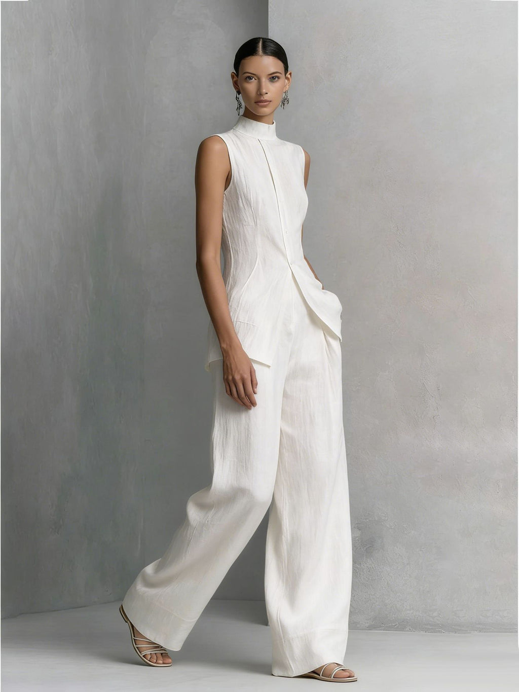 Women's Neo-Chinese Mock Neck Sleeveless Set - Elegant Wide-Leg Two-Piece Suit for Quiet Luxury Style
