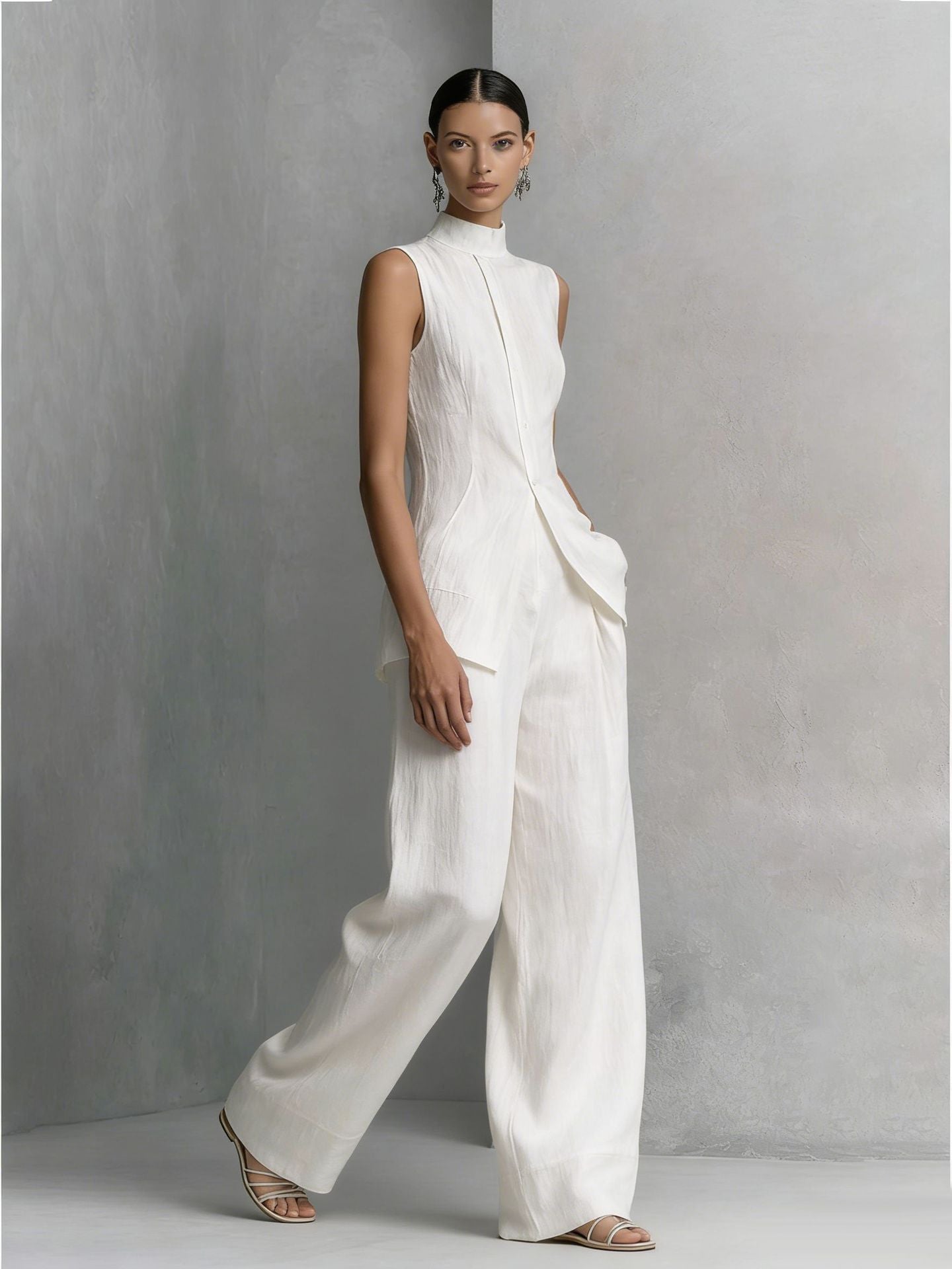 Women's Neo-Chinese Mock Neck Sleeveless Set - Elegant Wide-Leg Two-Piece Suit for Quiet Luxury Style