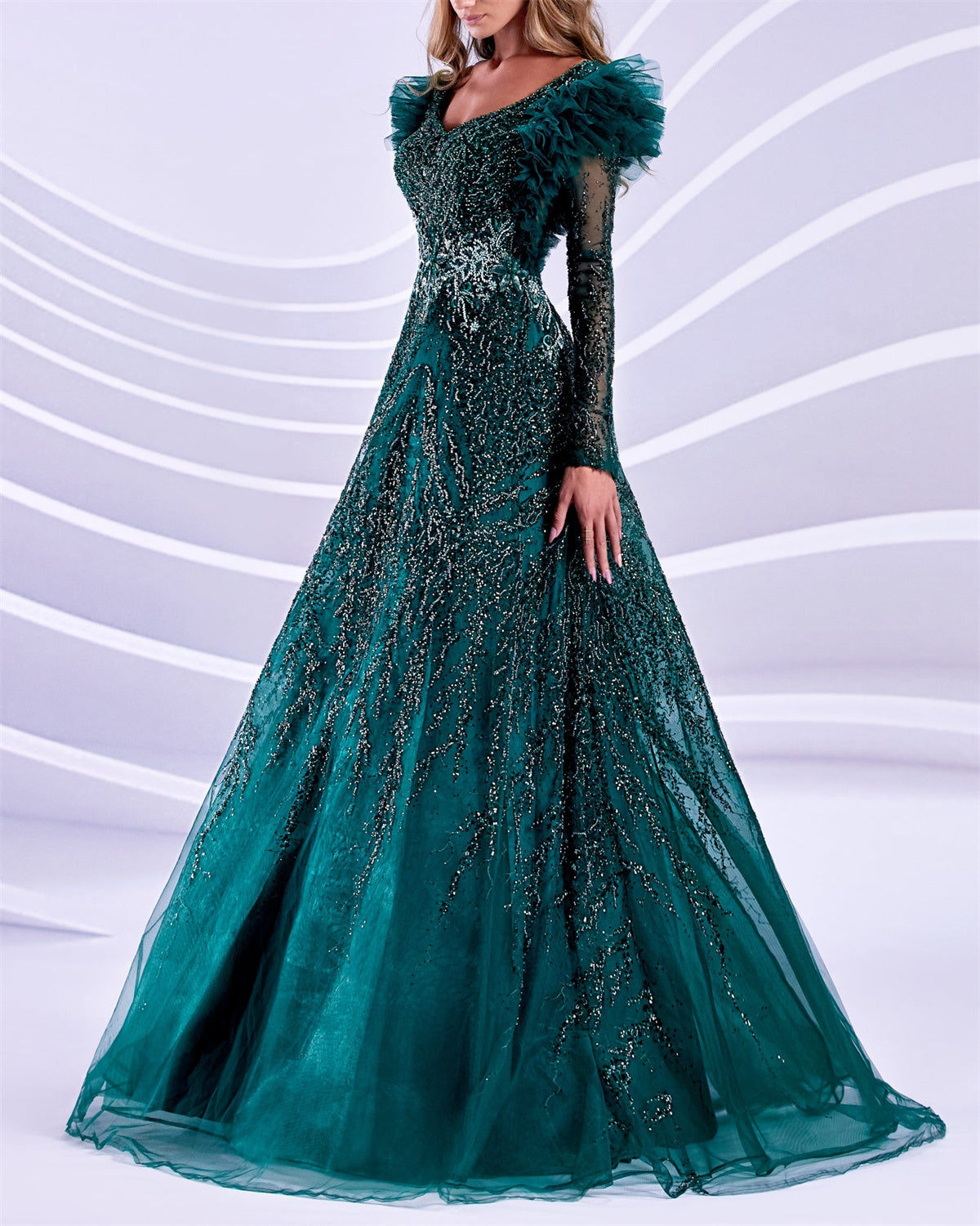 Women's V Neck Green Embroidered Evening Dress