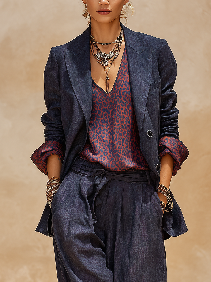Bohemian Cotton Linen Midnight Blue Leopard Print Suit