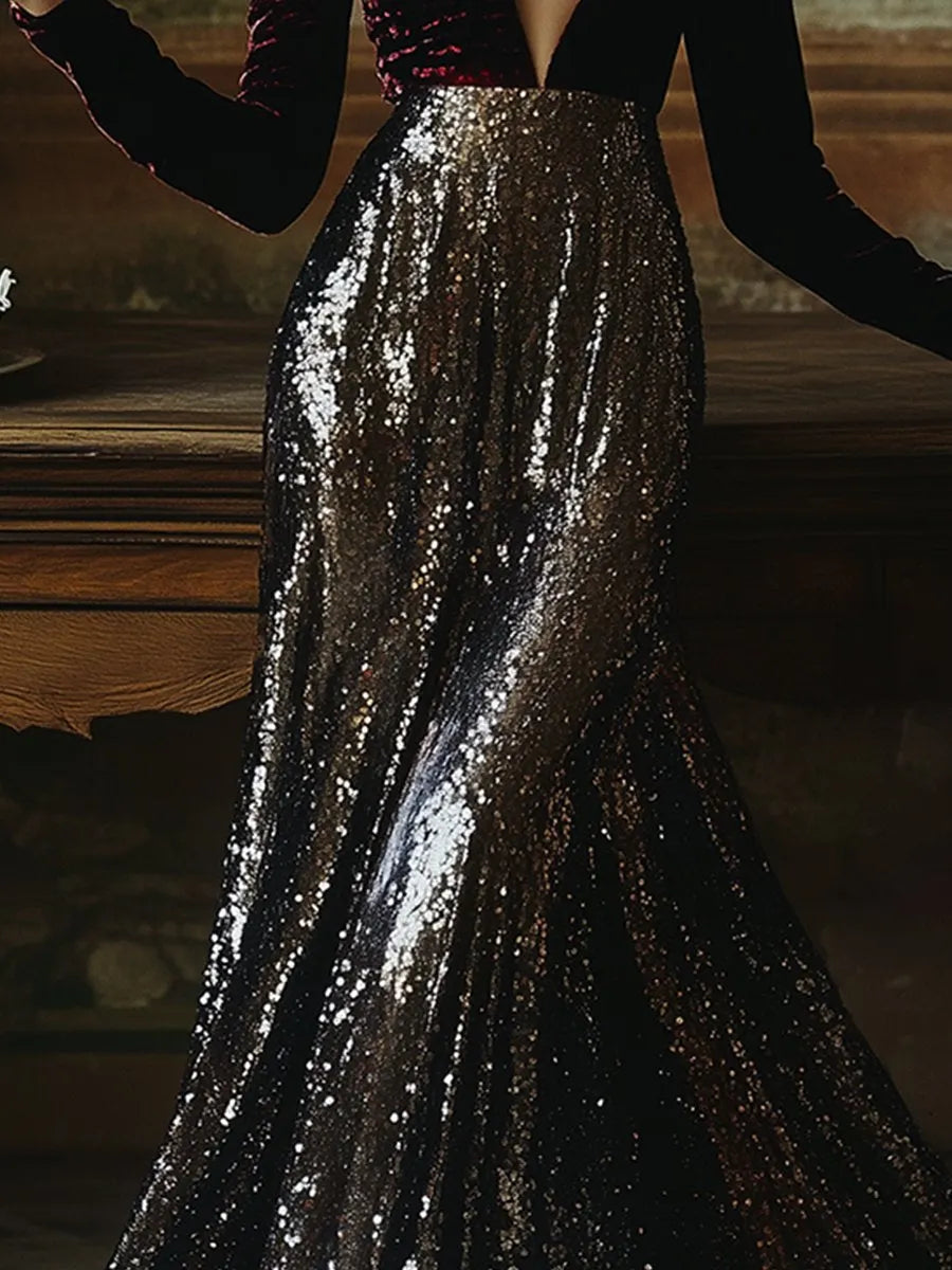 [24-hour shipping out]V-Neck Stylish Elegant Solid Color Velvet Sequined Long Maxi Dress