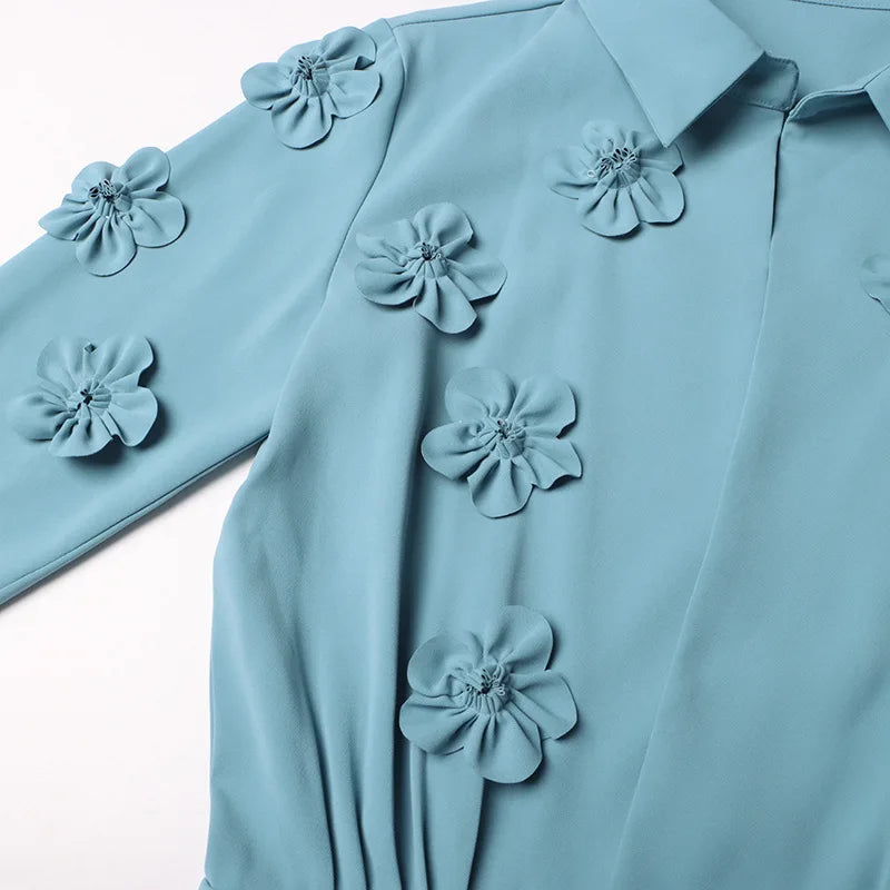 Turquoise Jumpsuit with 3D Floral Appliqués, Long Sleeves & Shorts