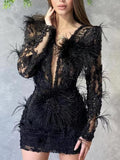 Neosepa-Stylish Pluning V Neck Long Sleeve Black Gauze Feather And Sequins Cocktail Gown