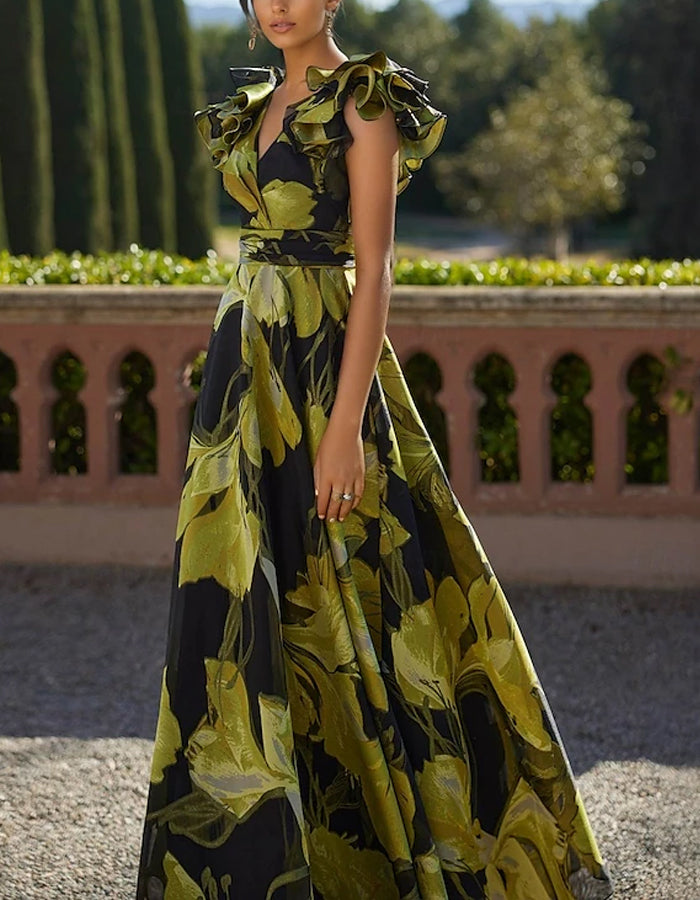 A-line V-neck With Floral Print Maxi Dress