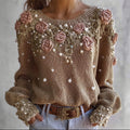 Vintage Classy Roses Pearls Embroidered Cozy Knit Sweater