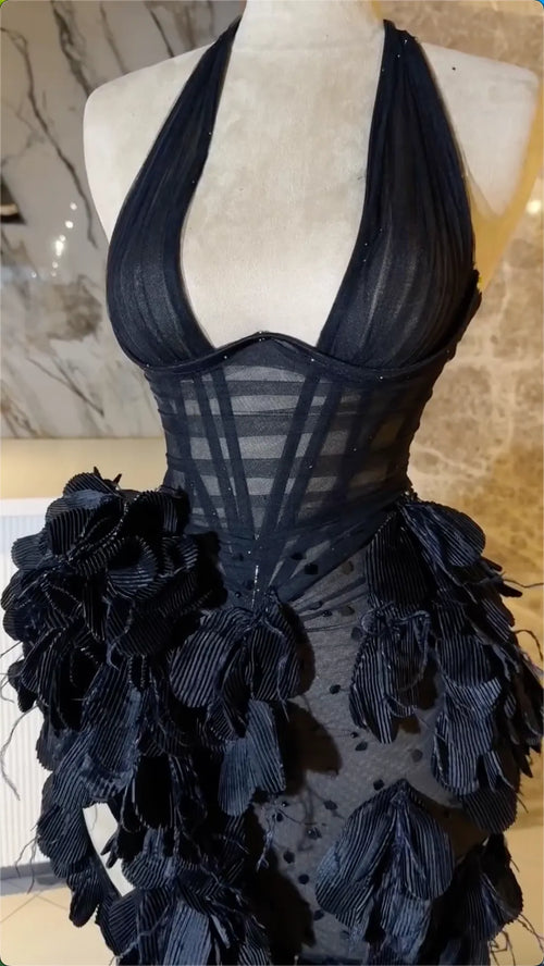 Black Halter Corset Mesh Evening Maxi Dress - 3D Feather Mermaid Train Formal Gown