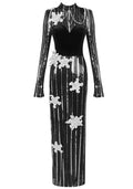 Long Sleeve Floral Sequin Velvet Maxi Dress Black