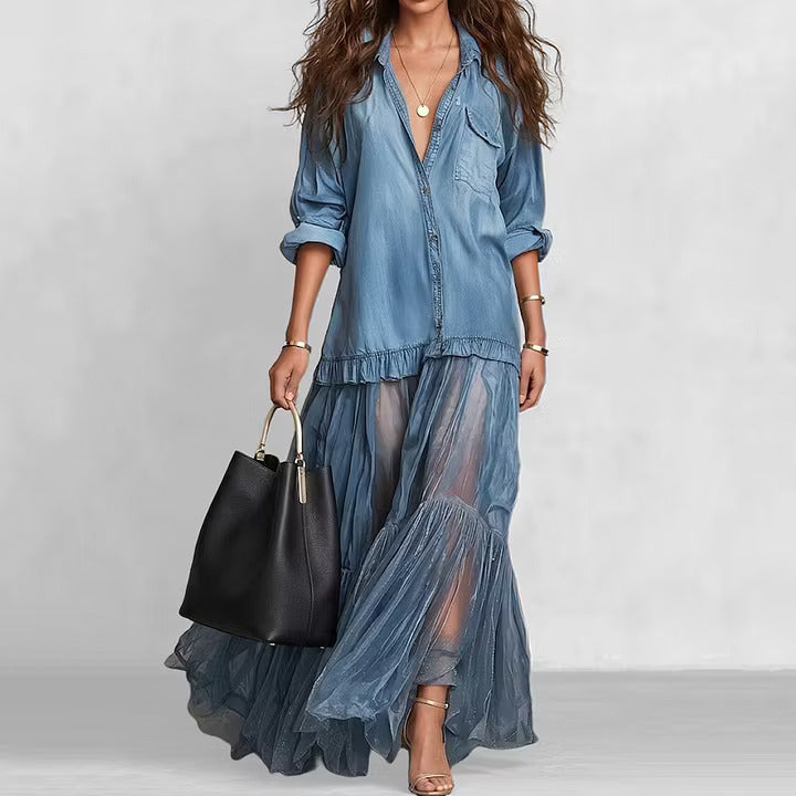 Denim Sheer Tulle Layered Maxi Dress