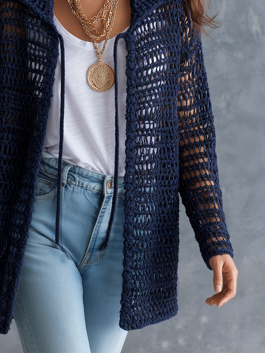 Coastal Boho Open-Knit Long-Sleeve Hollow-Out Dark Blue Duster Cardigan