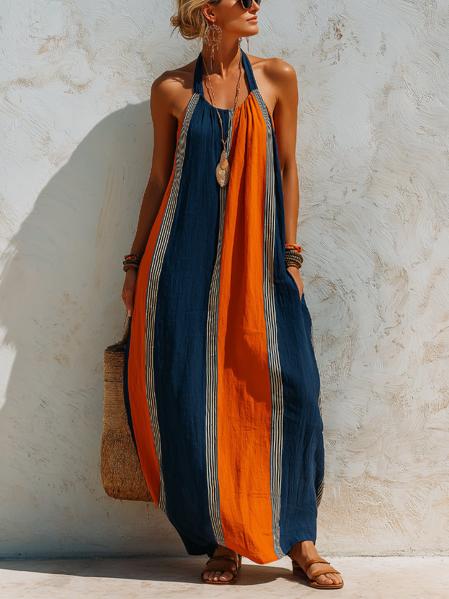 Color-blocked Vertical Stripe Halter Neck Loose Swing Dress