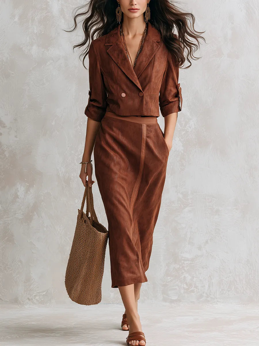 Vintage Brown Suede Tailored Blazer & Midi Skirt Set