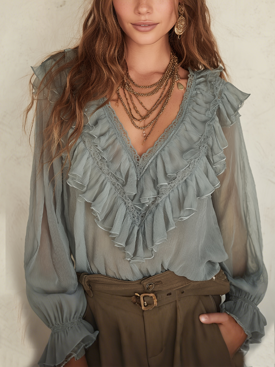 Bohemian Sage Green Lace Ruffled Shirt
