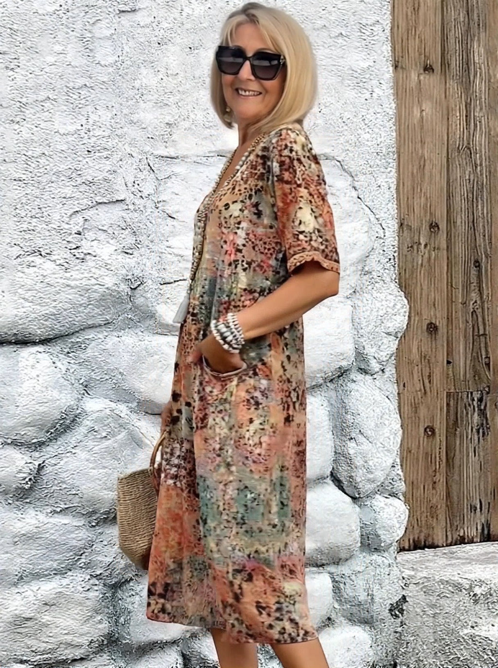 Vacation DRESS Women's Short Sleeve Summer Leopard Lace Dress V Neck Daily Going Out Casual Knee Length A-Line Khaki