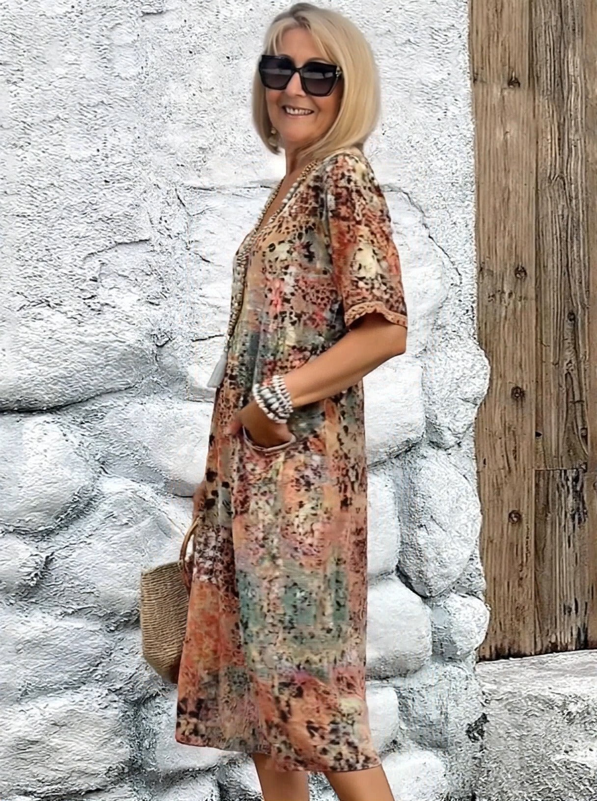 Vacation DRESS Women's Short Sleeve Summer Leopard Lace Dress V Neck Daily Going Out Casual Knee Length A-Line Khaki