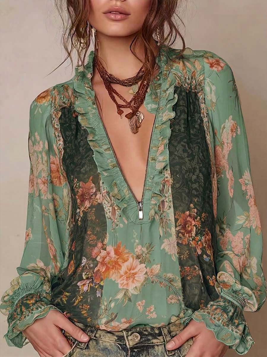 Women's Vintage-print V-neck Long-sleeve Casual Loose Chiffon Top