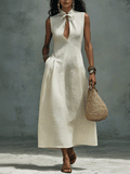 Effortless Chic Bow-Neck Off-White Linen Sleeveless Maxi Dress