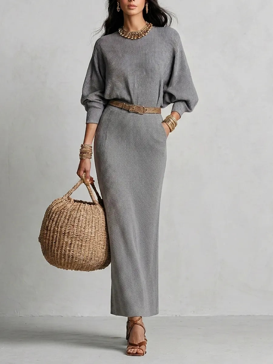 Elegant Grey Ribbed Knit Straight-Cut Maxi Dress