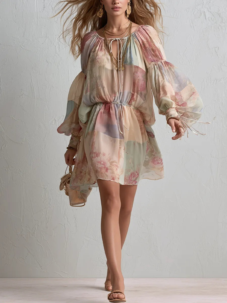 Romantic  Floral Waist Puff Sleeve Chiffon Mini Dress