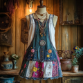 Vintage Denim Floral Patch Sleeveless Dress