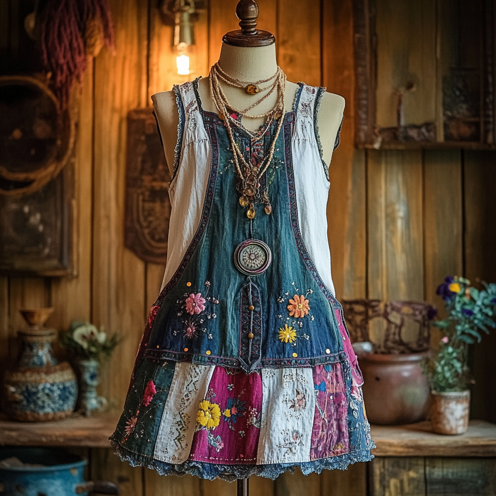 Vintage Denim Floral Patch Sleeveless Dress