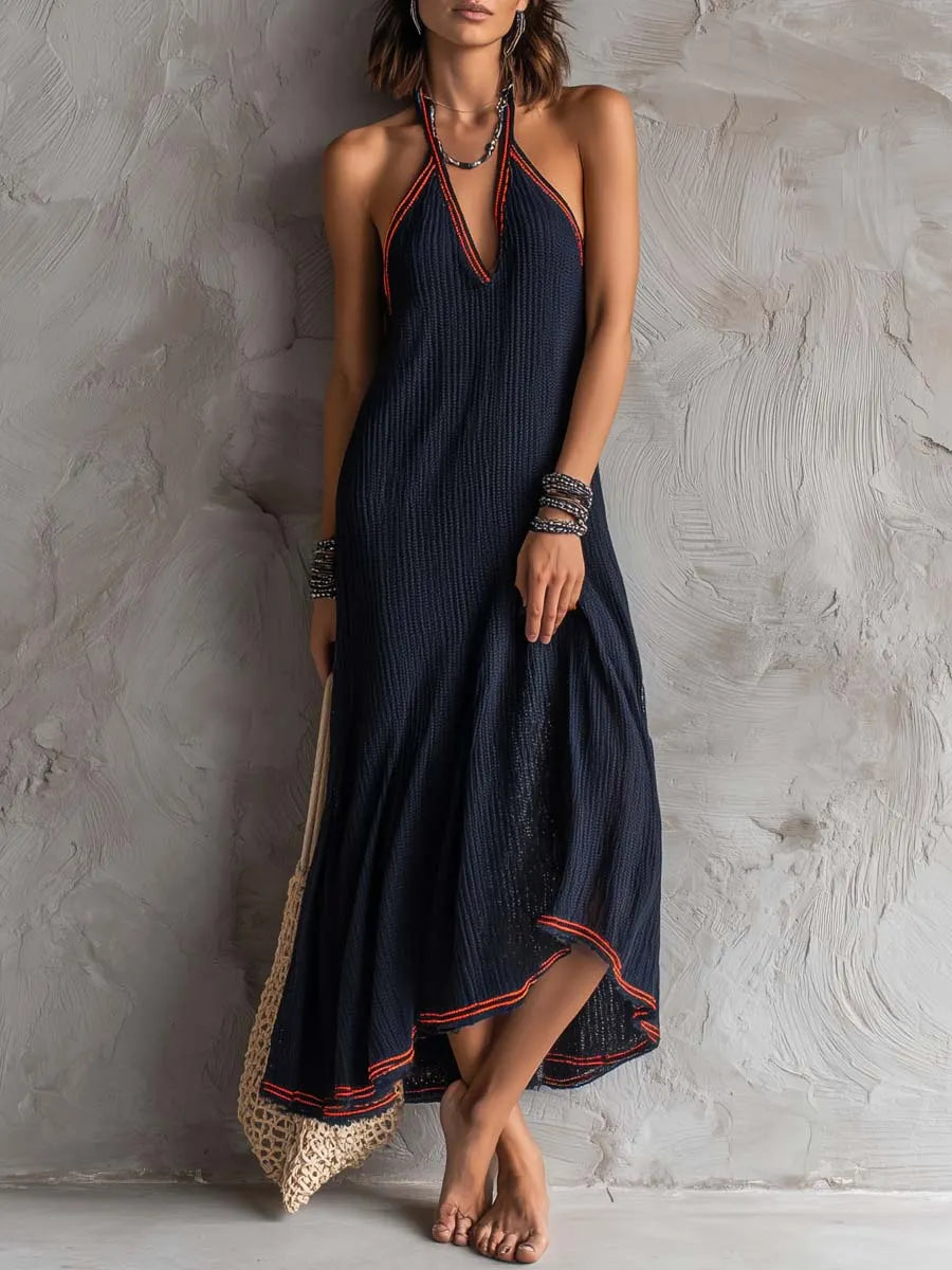 Contrasting Piping Knit Midi Dress